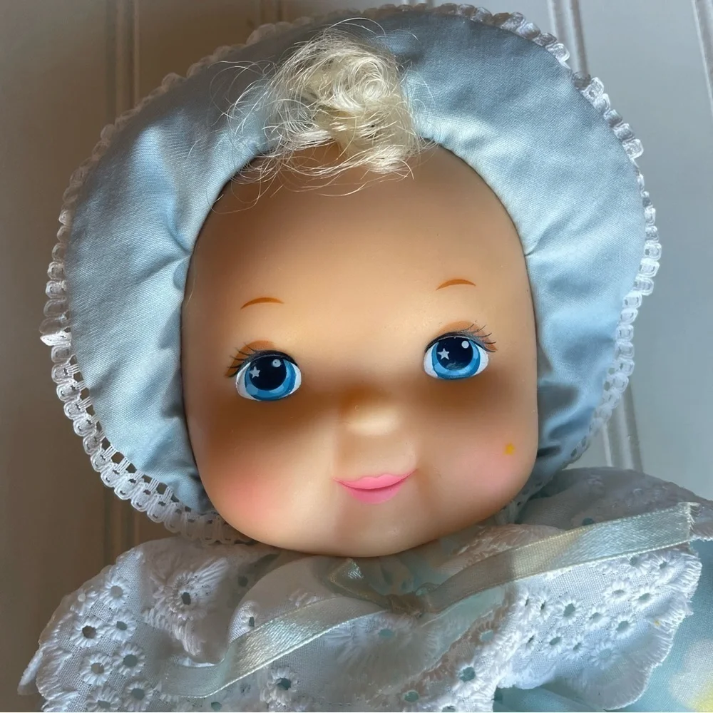 Vintage Jesvi Plush Baby Doll plastic face Blonde Hair Blue Outfit Rare Toy